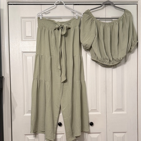 Pants - Light Sage Green Matching Set – Off-Shoulder Crop Top & Wide-Leg Pants NWOT
